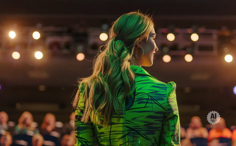 Woman in a bright green tiger-striped jacket on stage with blurred audience and lights.
