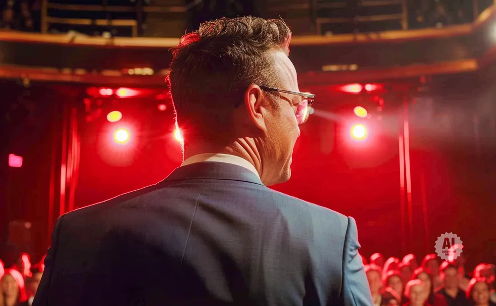 Man in a suit and glasses on stage with red lights and an audience.