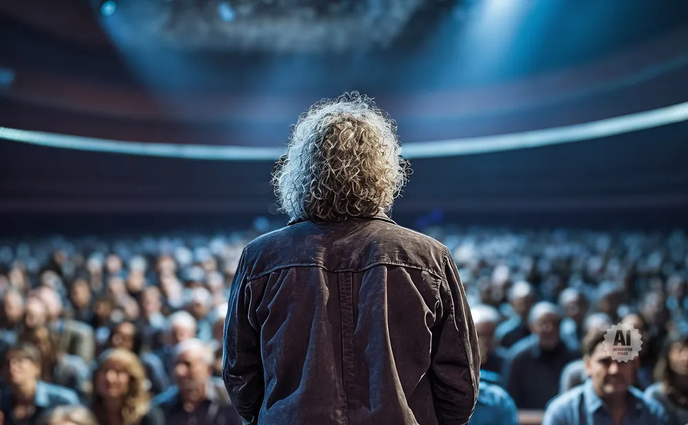 Back view of a person with curly hair standing on stage in front of a large audience.