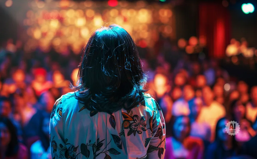 Person on stage with a floral shirt facing a blurry, cheering audience under colorful lights.