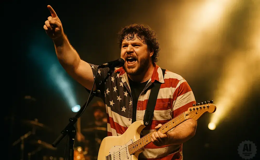 A male guitarist in an American flag shirt points to the sky while singing into a microphone.
