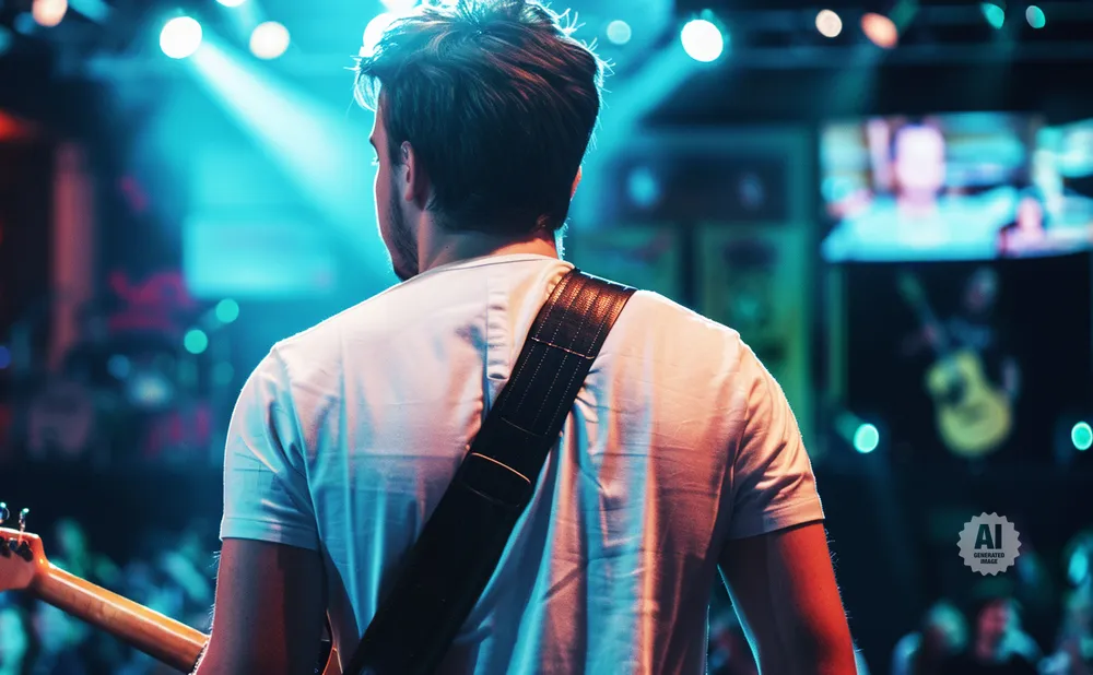 A guitarist from behind, bathed in blue stage lights, plays his instrument during a concert.