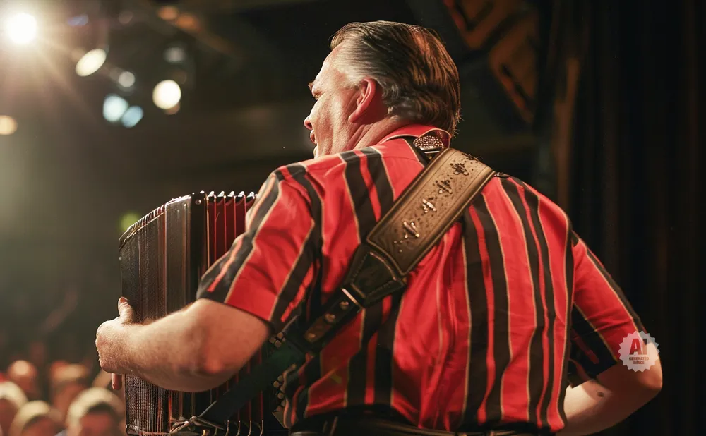 Man in a red and black striped shirt plays an accordion on stage.