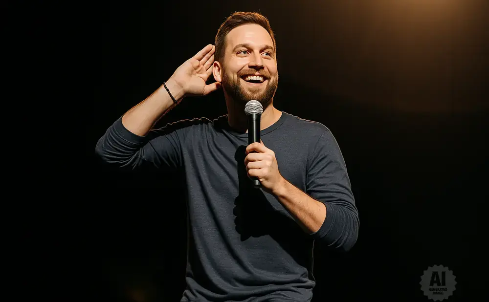 A man with a beard holds a microphone and cups his ear, smiling under a spotlight.