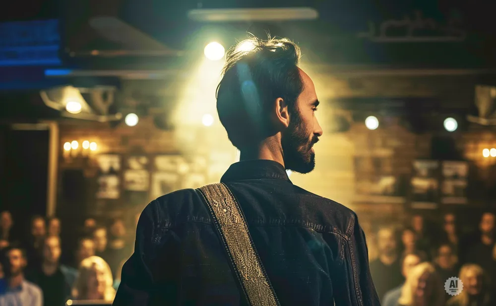 A guitarist on stage looks out at the audience, illuminated by a spotlight.