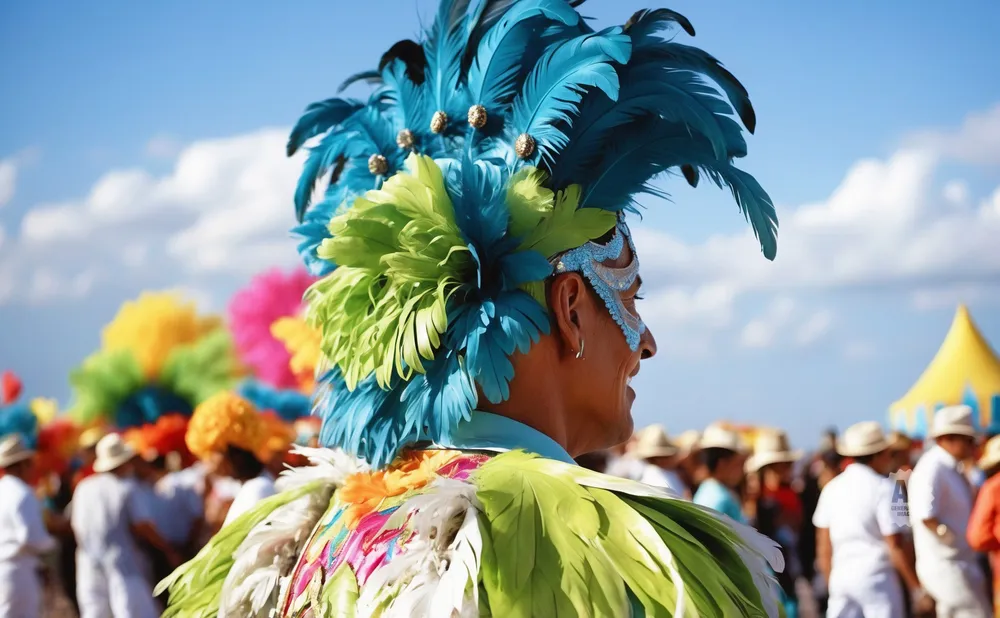 Person in vibrant blue and green feathered headdress and costume at a carnival with a crowd in the background.
