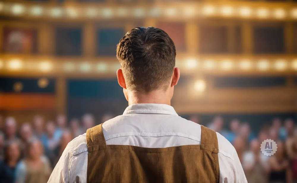 Back view of a man in a white shirt and brown vest on a stage facing a blurred audience.