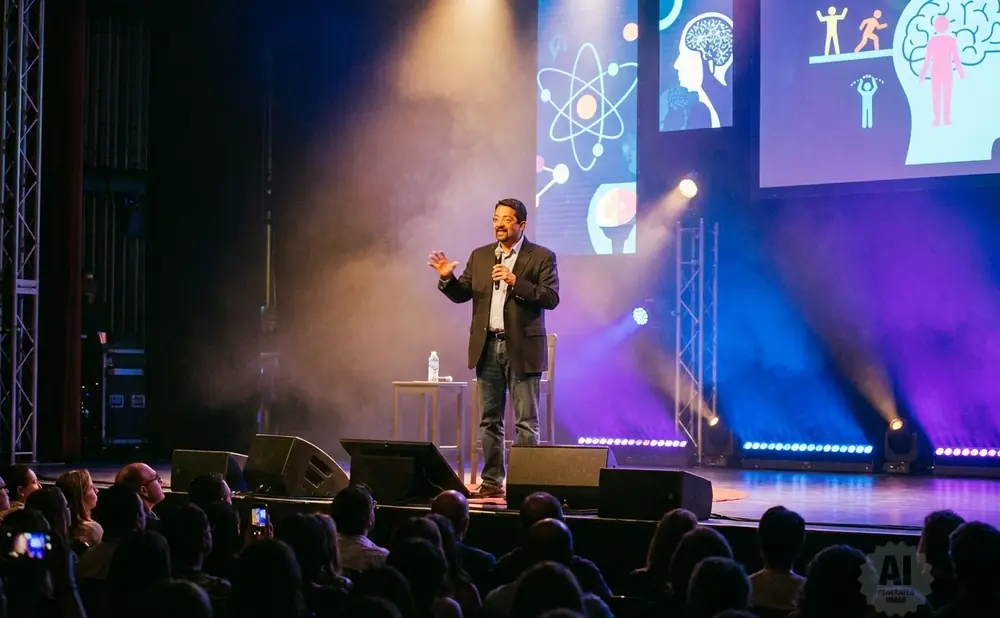 A speaker in a suit and jeans addresses an audience on a stage with a brain-themed projection.