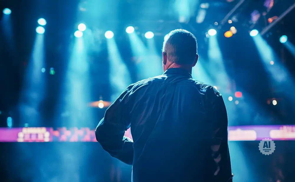 A man stands with his back to the camera, looking at a stage with blue spotlights.