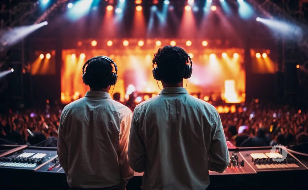 Two DJs in headphones stand facing a bright stage and cheering crowd at a concert.