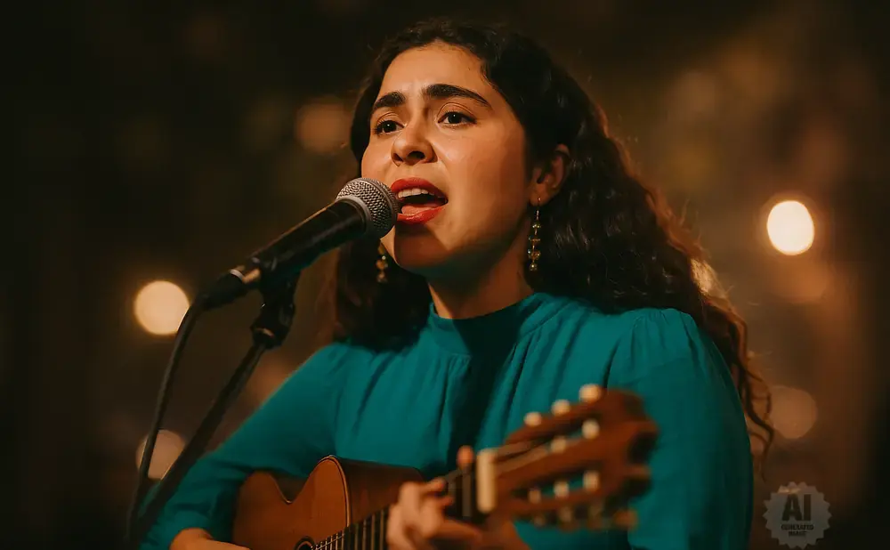 Woman singing and playing guitar with a microphone in front of her.