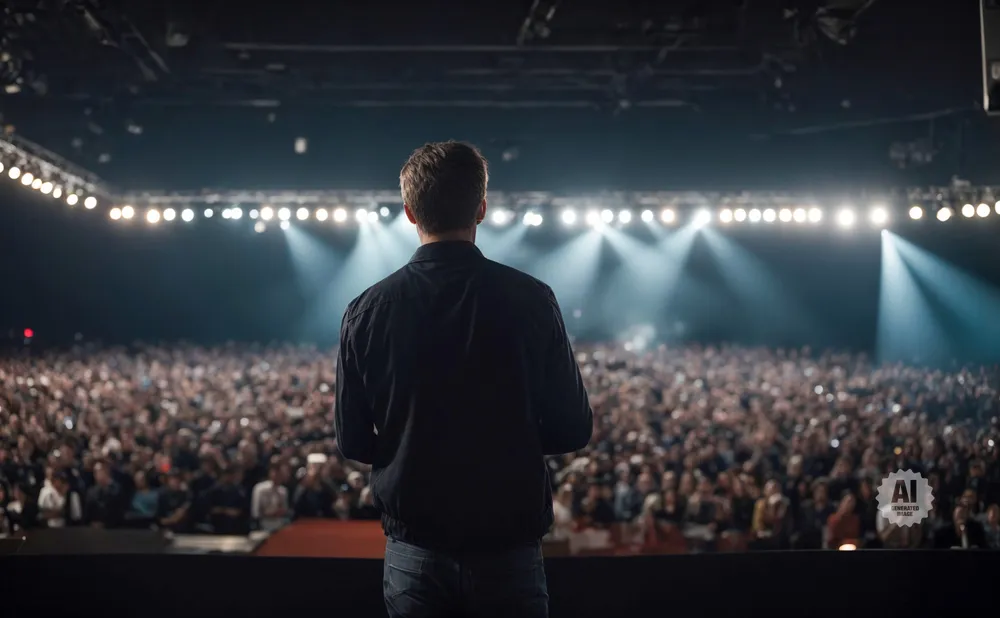 Man in black jacket facing a large, cheering crowd on a stage with spotlights.