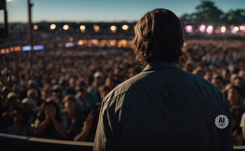 Man facing away from the camera, looking out at a large, blurry crowd at an outdoor concert.