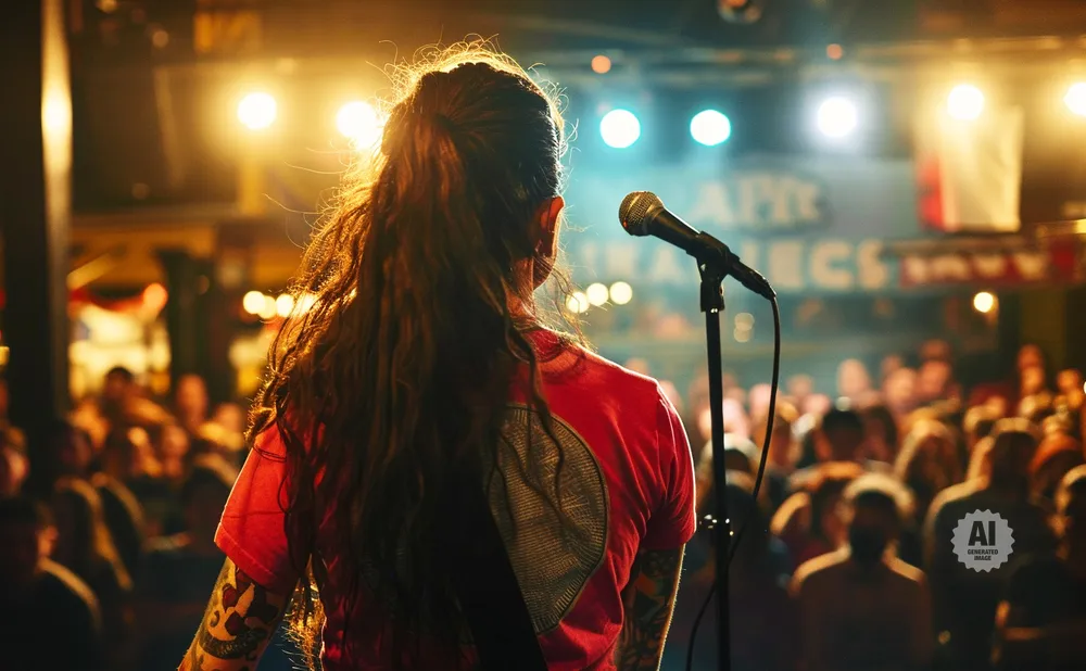 Singer with long hair performing on stage in front of a crowd, backlit by bright stage lights.