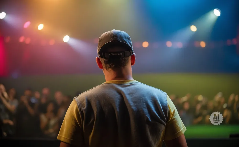 Man in a baseball cap and t-shirt facing a blurry crowd under stage lights.