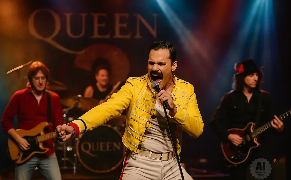 A Freddie Mercury impersonator in a yellow jacket sings into a microphone on stage with his band.