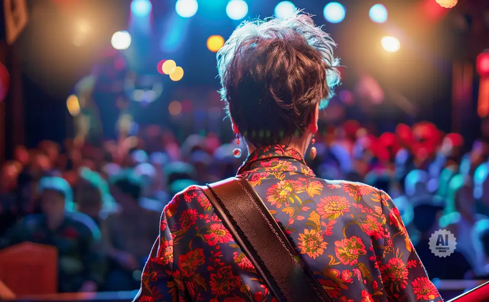 Woman in a floral jacket on stage, facing away from the camera, performs for a blurry audience.