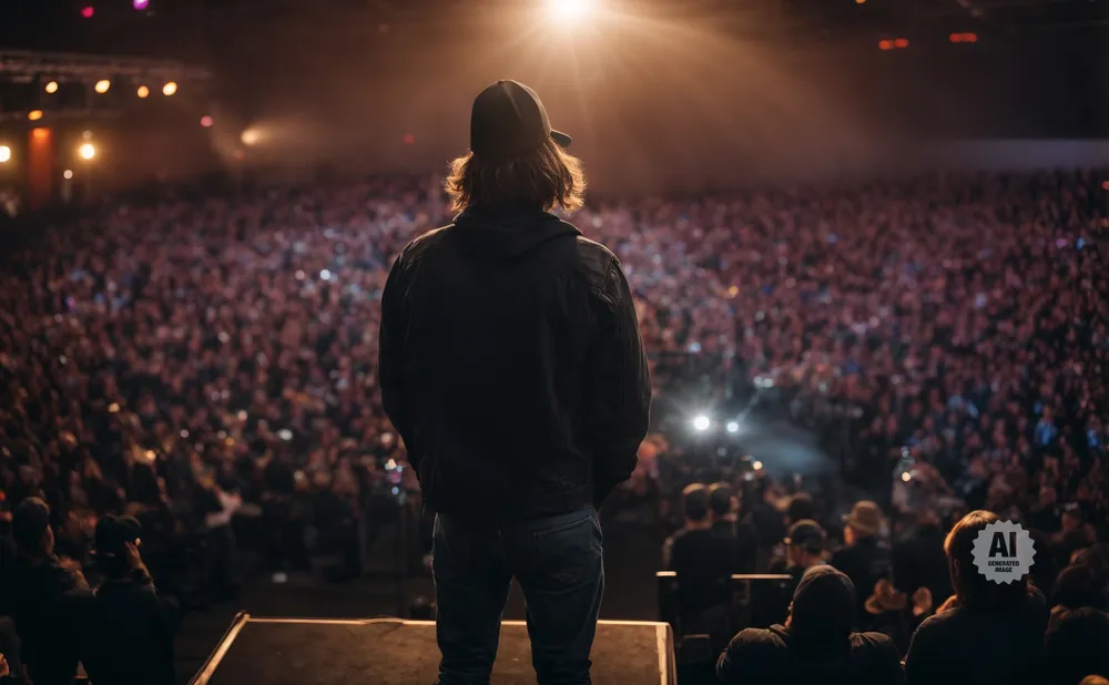 Man in a black hat and jacket stands on stage, facing a large, blurred crowd under bright stage lights.