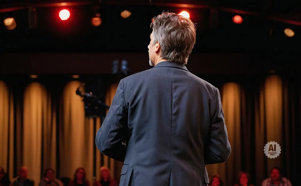 Man in a dark suit seen from behind on a stage with red lights and an audience in the background.
