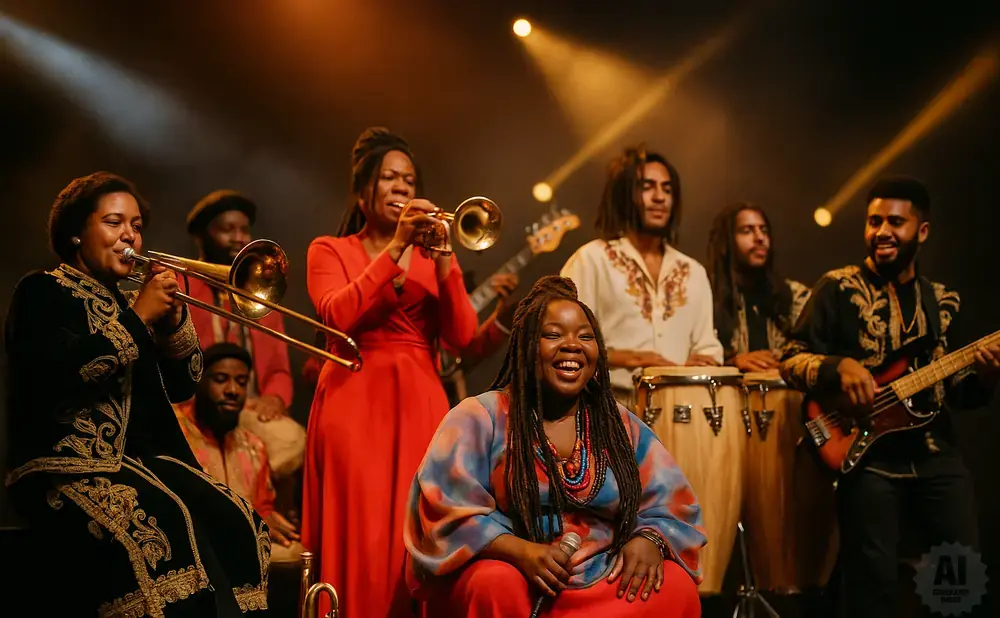 A band plays music on stage, with a trombonist, trumpeter, percussionists, and a bassist visible.
