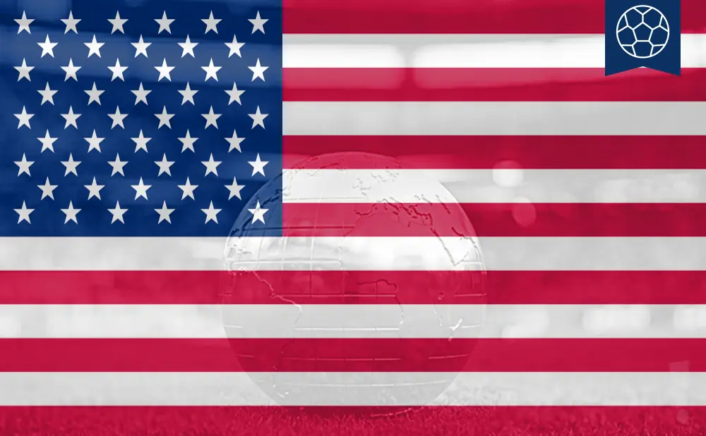 USA flag with a globe overlaid and a soccer ball icon in the corner.