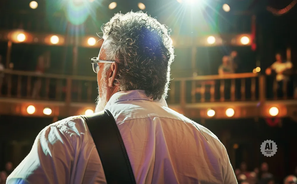 An older man with curly hair and glasses stands with his back to the camera, facing a bright stage with blurred lights and people.