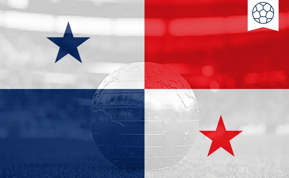 Panama flag with a globe in the center and a soccer ball icon.