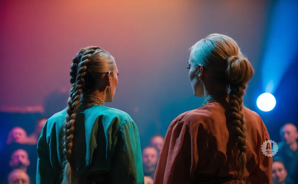 Two women with braided blonde hair stand facing away from the camera in front of a blurred audience, lit by stage lights.