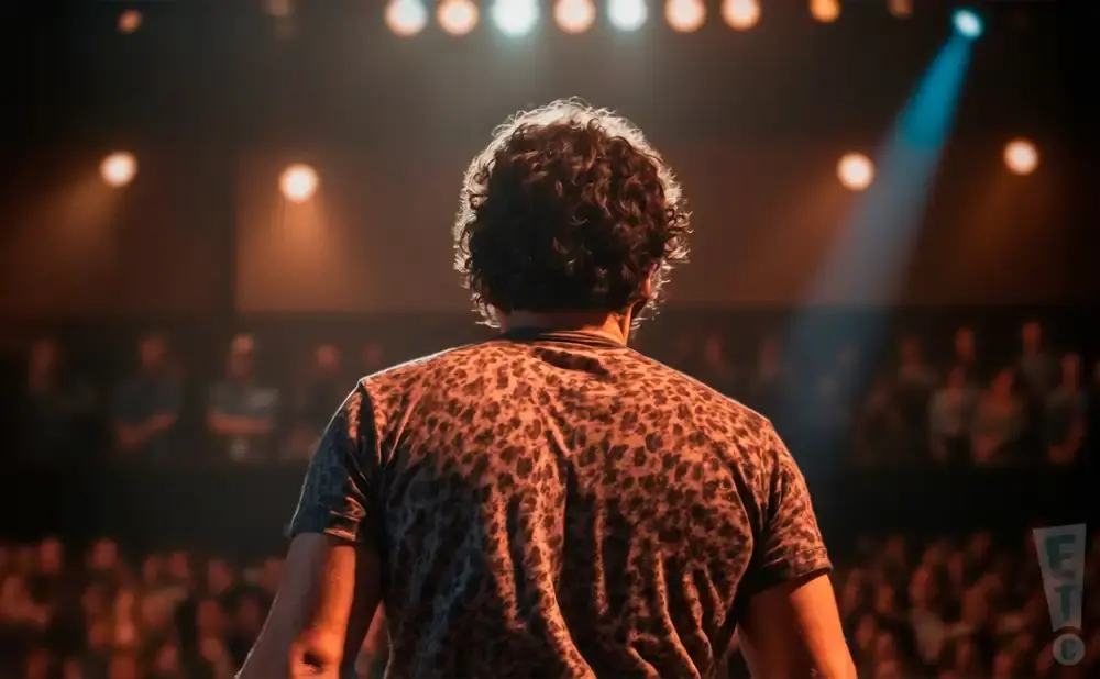 A man with curly hair stands on stage, facing away from the camera, wearing a leopard-print t-shirt.