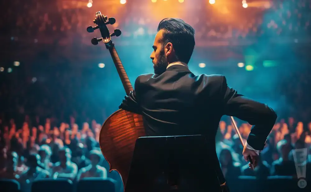 Cellist in a black suit plays cello on stage, facing away from the audience, bathed in dramatic stage lighting.