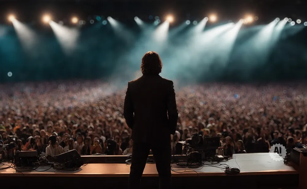 Man in suit on stage faces packed audience under spotlights.