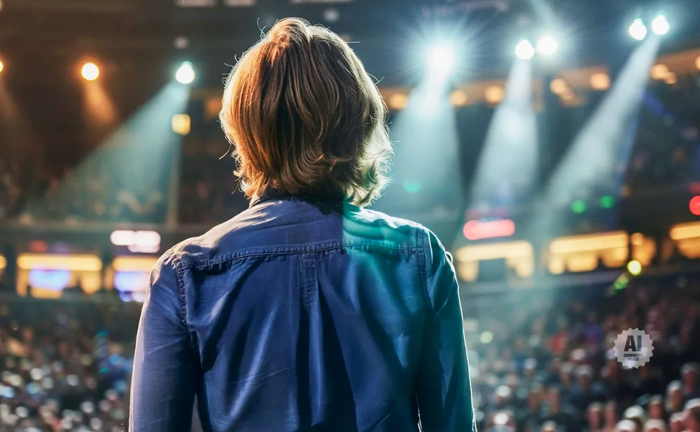 A person from behind in a blue shirt stands on a stage facing a bright spotlight and a large audience.