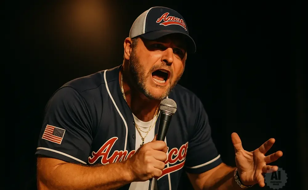 Man in a baseball cap and jersey with an American flag patch and 