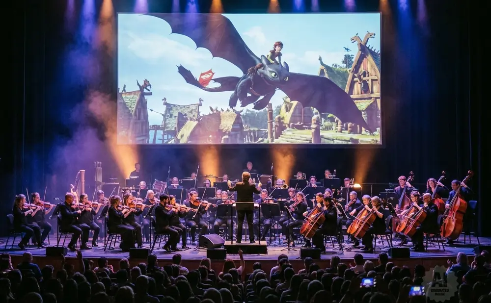 An orchestra plays live music to a projection of the 