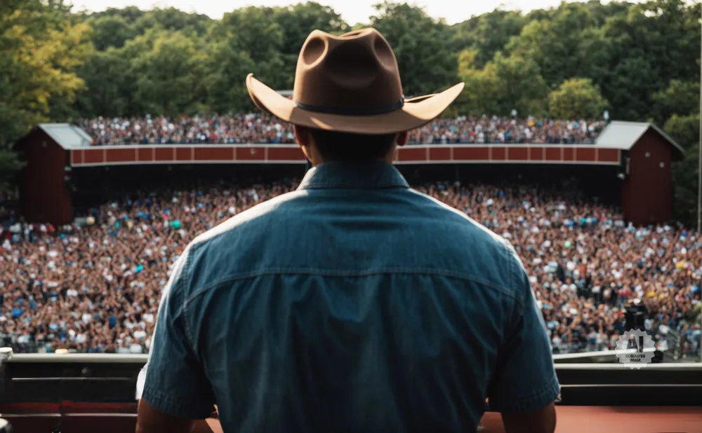 Man in cowboy hat and denim shirt looks out at a large outdoor concert crowd.