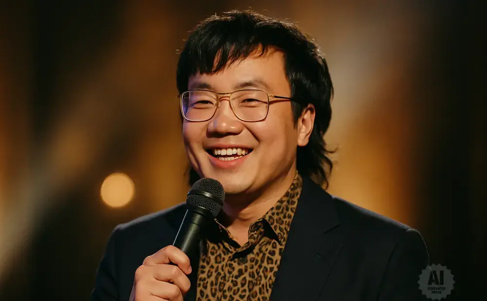 A smiling Asian man wearing glasses and a leopard print shirt holds a microphone.