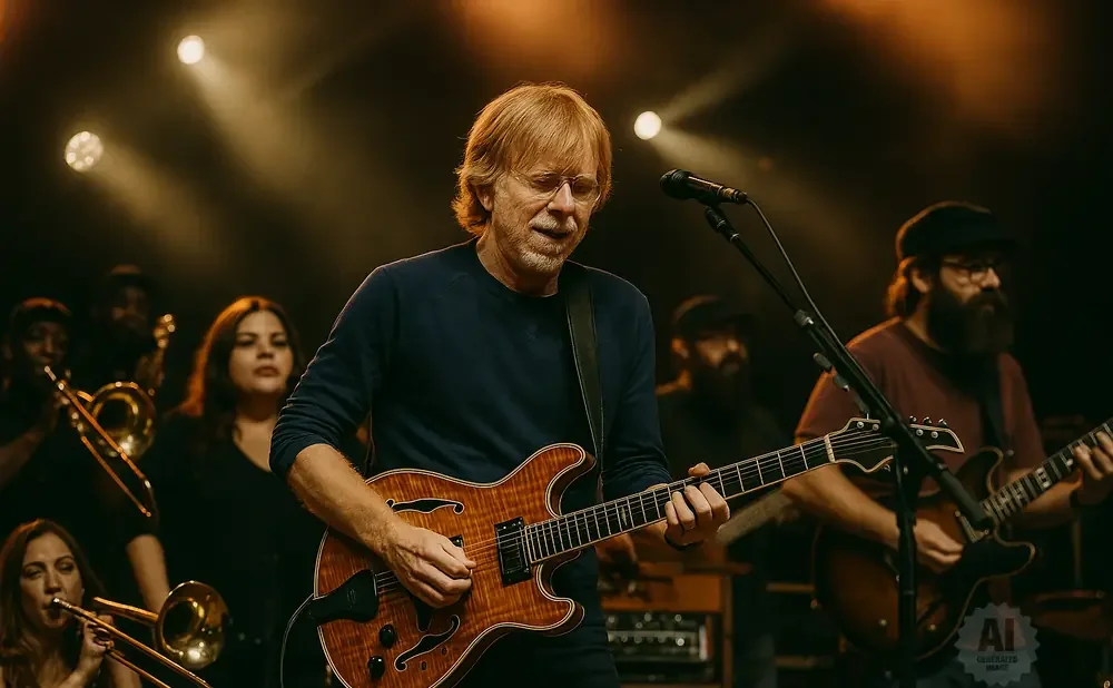 Guitarist Trey Anastasio plays a hollow-body electric guitar on stage with a band.