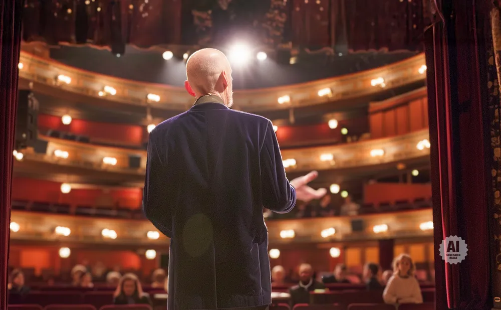 Man in a velvet jacket on stage speaking to an audience in a theater.