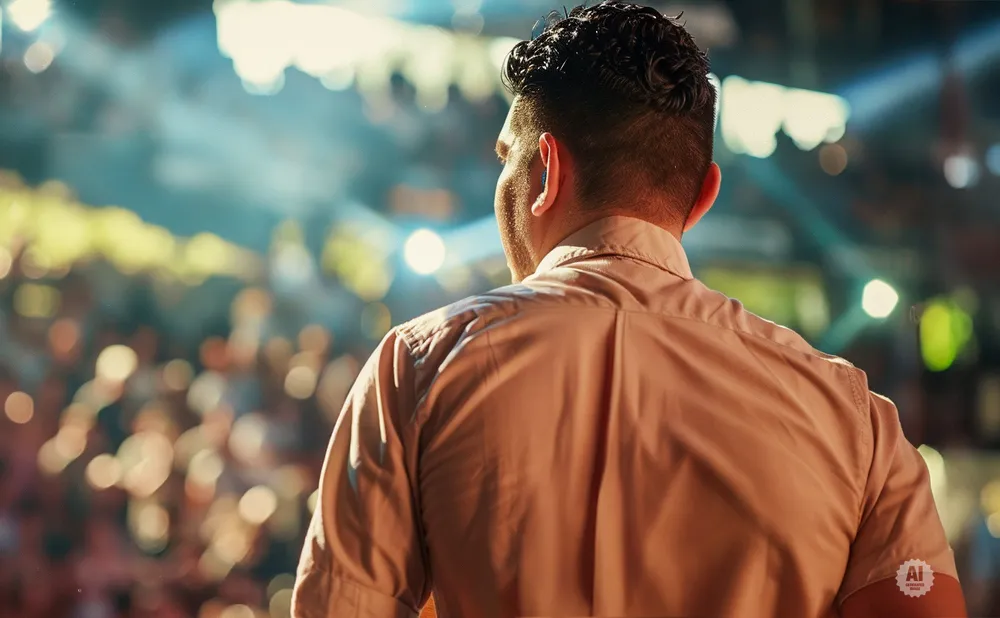 Man in a light-colored button-down shirt seen from behind, looking at a blurred crowd and stage lights.