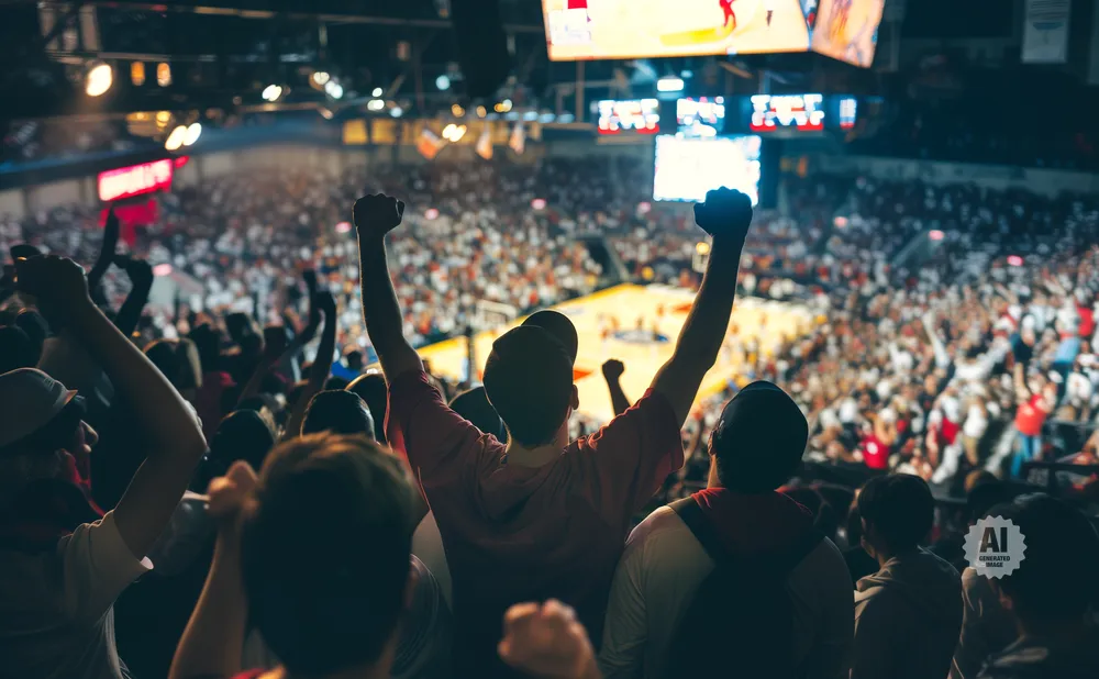 Crowd at a basketball game cheers with fists in the air.