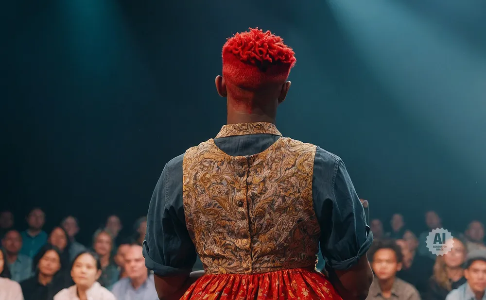 Person with bright red, textured hair, facing away from the camera, wears a patterned vest and red skirt.
