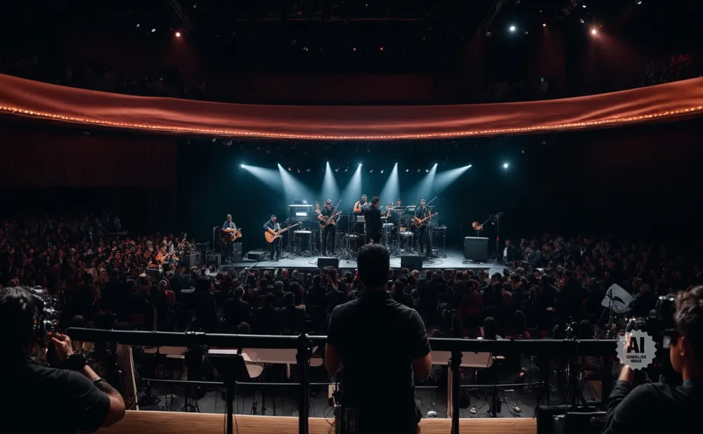 A band performs on a stage in a dimly lit auditorium filled with an audience.