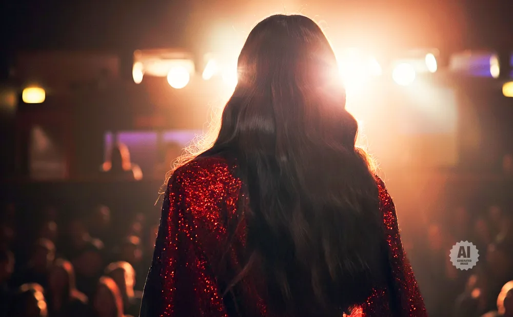 A woman in a sparkly red jacket faces away from the camera, bathed in bright stage lights, with an audience in the background.