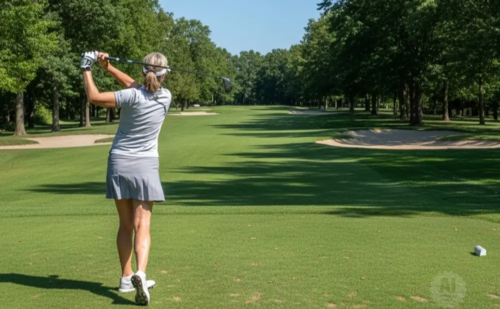 Woman swinging a golf club on a sunny golf course, with trees and sand traps in the background.