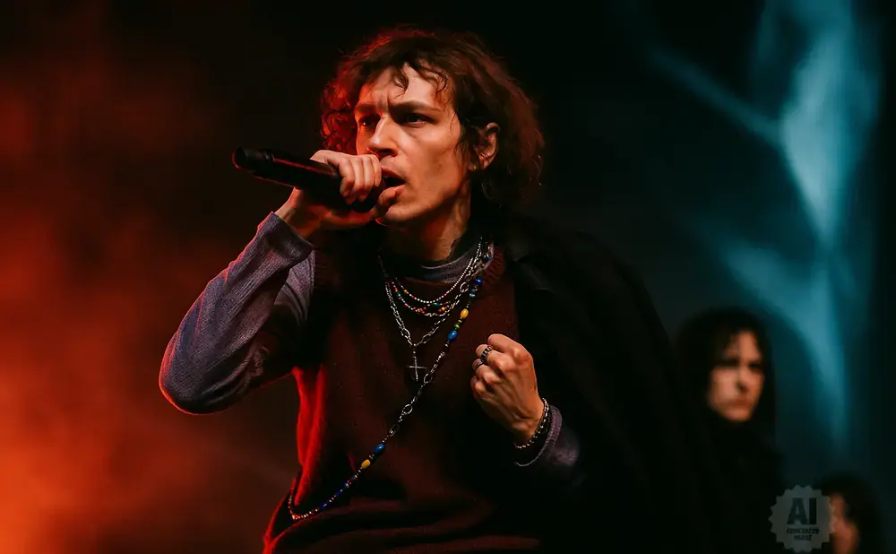 A male singer with curly hair holds a microphone while performing on stage with red and blue lighting.