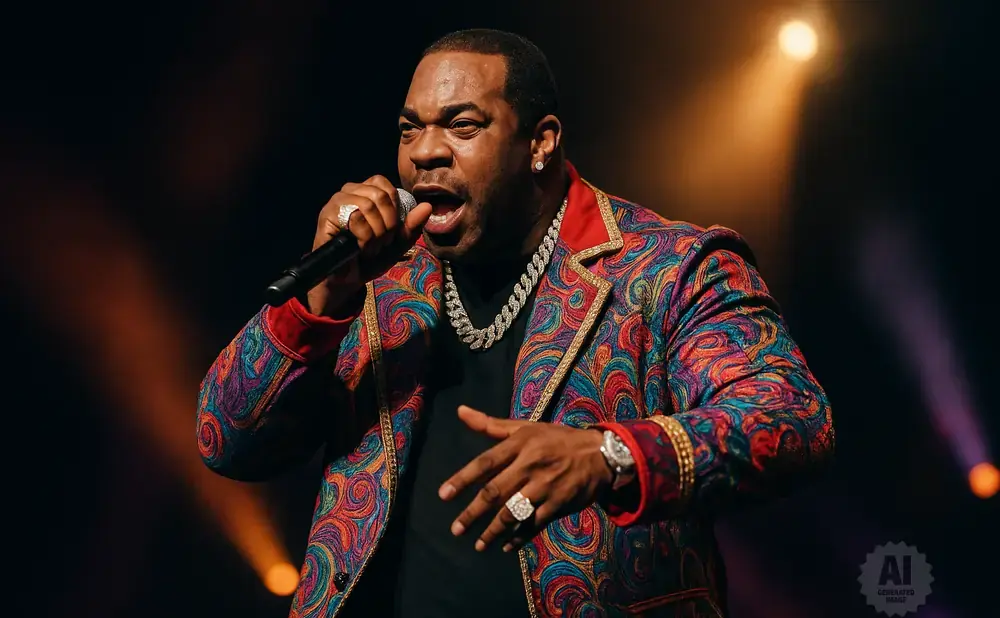 Rapper Busta Rhymes in a colorful jacket, performing on stage with a microphone.
