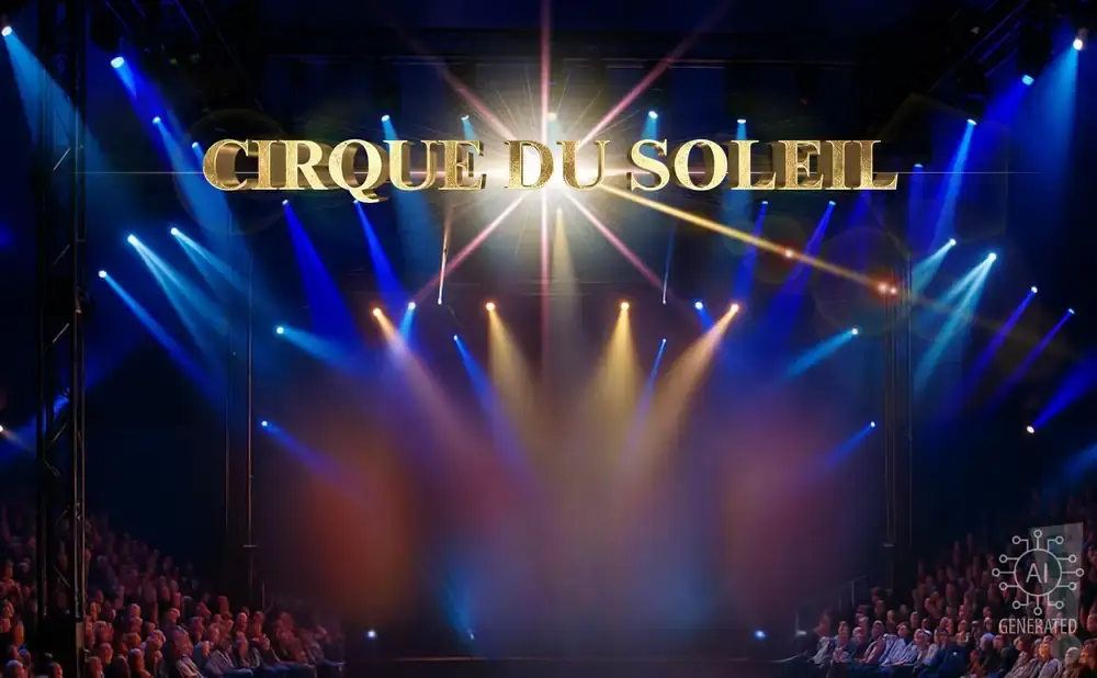A stage with bright spotlights and the words 