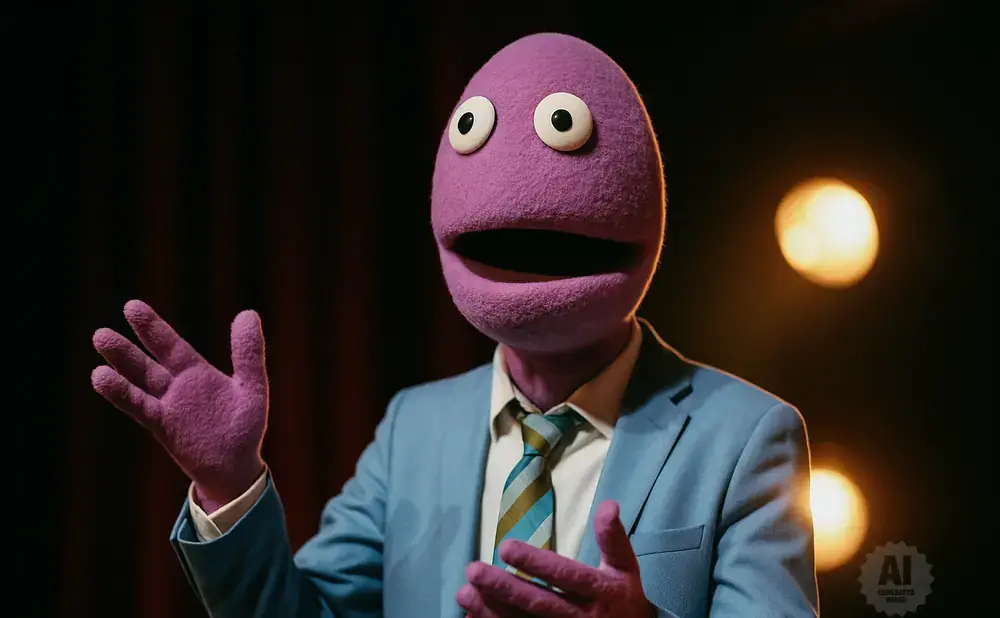 A purple puppet in a light blue suit and striped tie gestures with its hands.