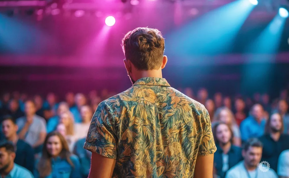 Man in a floral shirt on stage facing a blurred audience, illuminated by pink and blue stage lights.