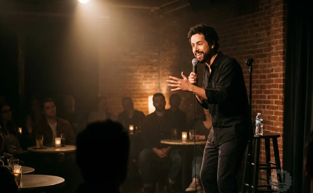 A comedian tells jokes to a dimly lit audience.